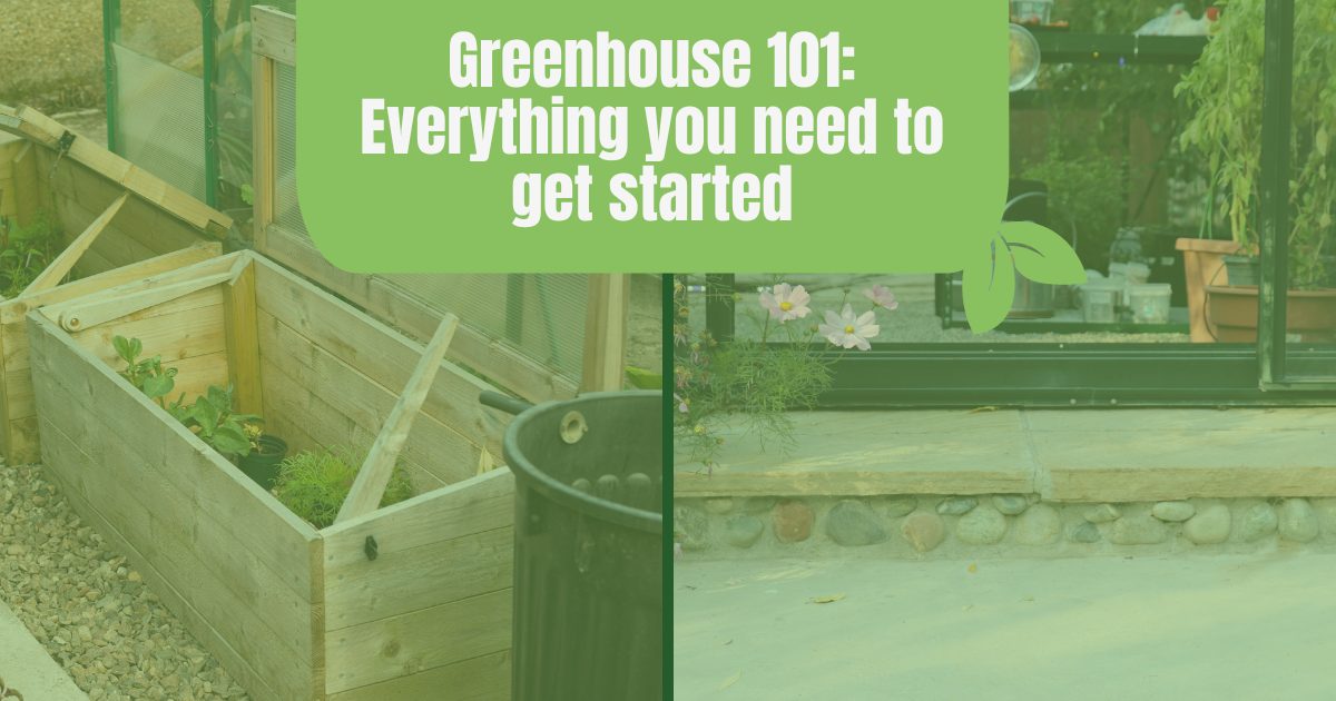 Two photos side by side, the left one is a cold frame greenhouse propped open and the right is a greenhouse natural stone foundation. Over it is a heading reading "Greenhouse 101: Everything you need to get started"