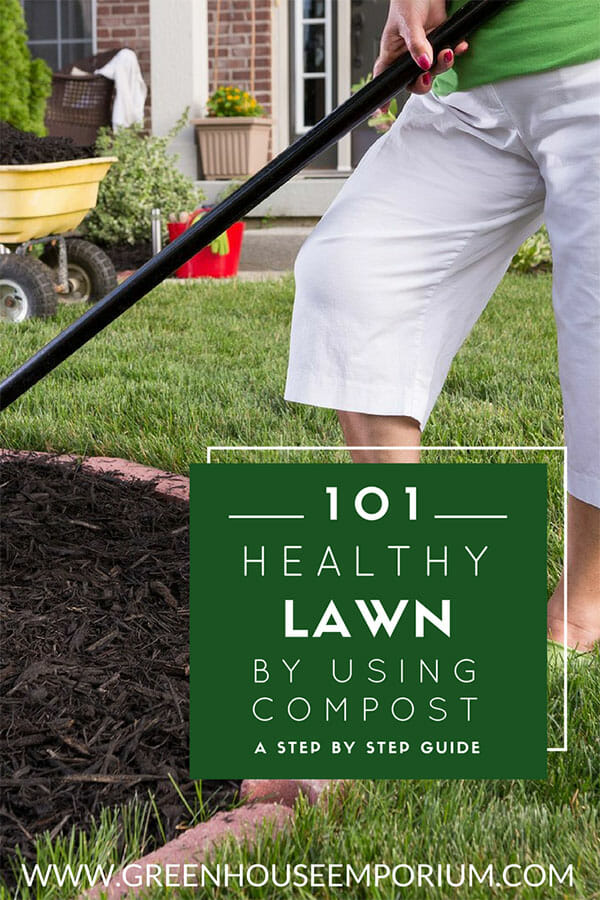 Senior woman working with compost in her garden with the text: 101 - Healthy Lawn by using compost