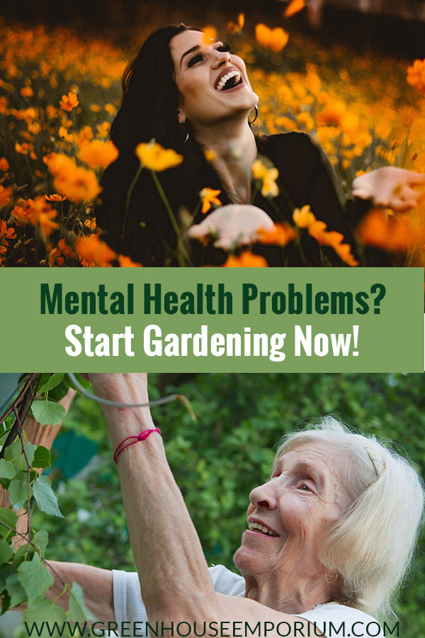 Two women (one younger, one older) laughing surrounded by plants with the text: Mental Health Problems? Start Gardening Now!