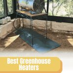 A heater set on a shelf inside of a greenhouse with a graphic at the bottom reading "Best Greenhouse Heaters" with the Greenhouse Emporium logo in the bottom right corner.