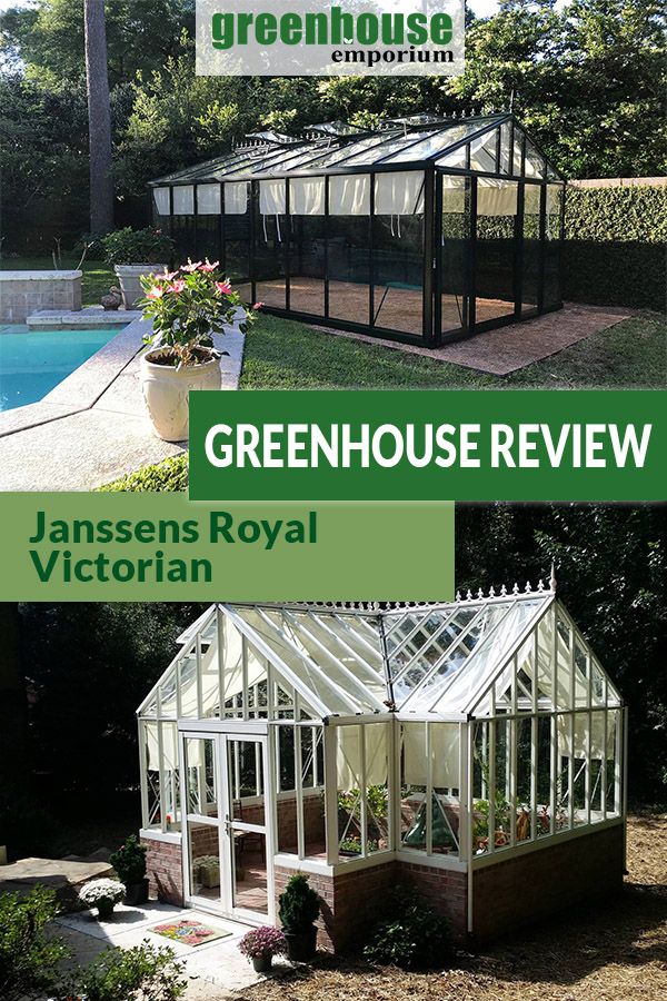 Two Royal Victorian greenhouses with the text: Greenhouse Review - Janssens Royal Victorian