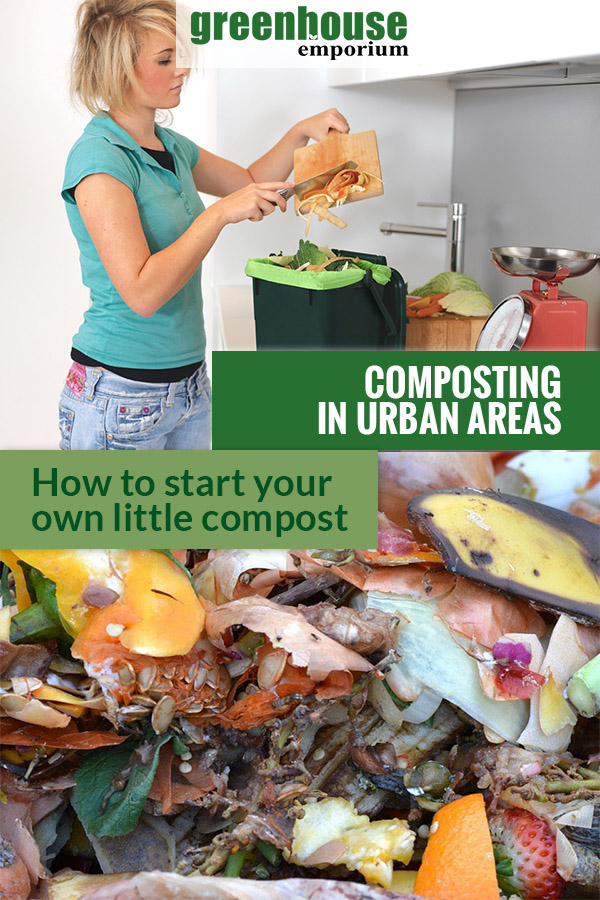 Woman putting food scraps in a mini bin and compost material at the bottom with the text: Composting in urban areas - how to start your own little compost