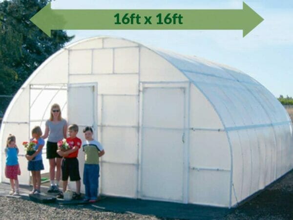 Solexx 16ft x 16ft Conservatory Greenhouse G-316 - full view - people outside standing - green arrow on top showing dimensions