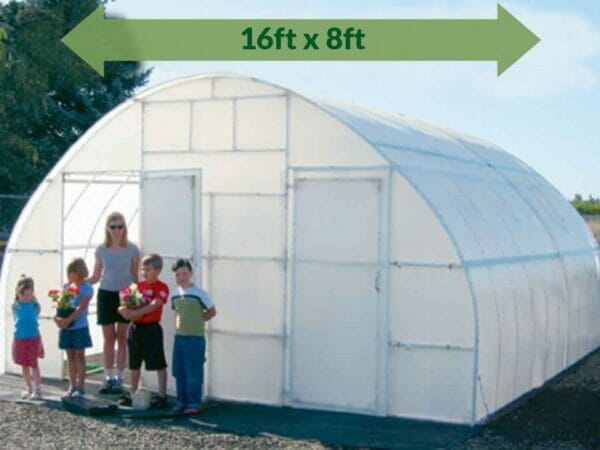 16ft x 8ft Conservatory Greenhouse - green arrow on top showing dimensions - people outside