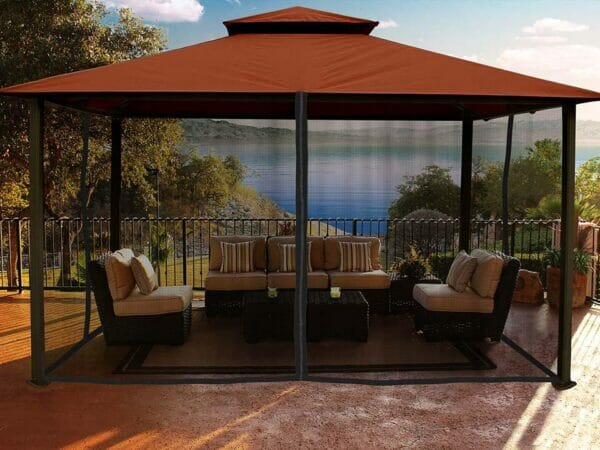 Kingsbury Gazebo with Rust Color Sunbrella Top and Closed Mosquito Netting