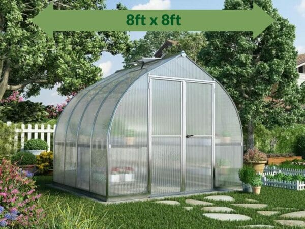 Palram Bella Silver 8ft x 8ft Hobby Greenhouse HG5408 - full view - with green arrow on top - in a garden