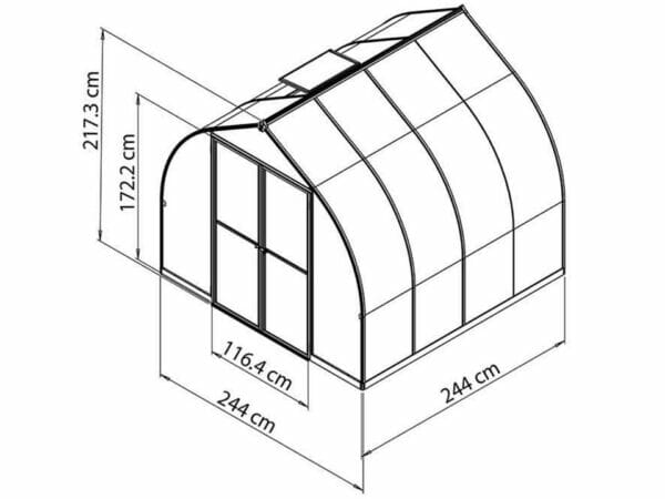 Palram Bella Silver 8ft x 8ft Hobby Greenhouse HG5408 - full view - framework with dimensions