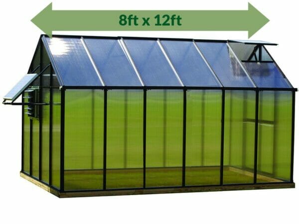 Riverstone Monticello Greenhouse 8x12 - Mojave Package - full view - green arrow on top showing dimensions - white background