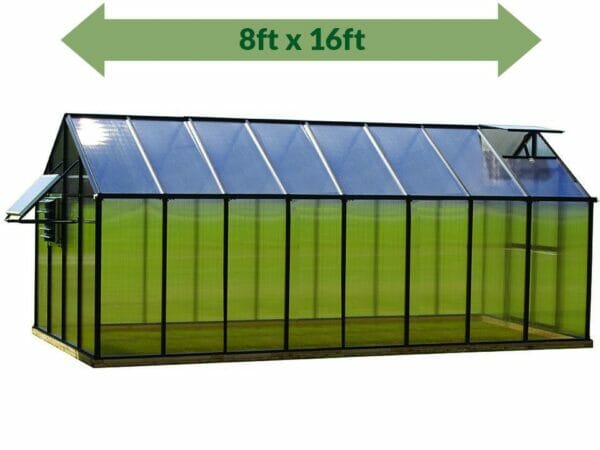 Riverstone Monticello Greenhouse 8x16 - Mojave Package - full view - green arrow on top showing dimensions - white background