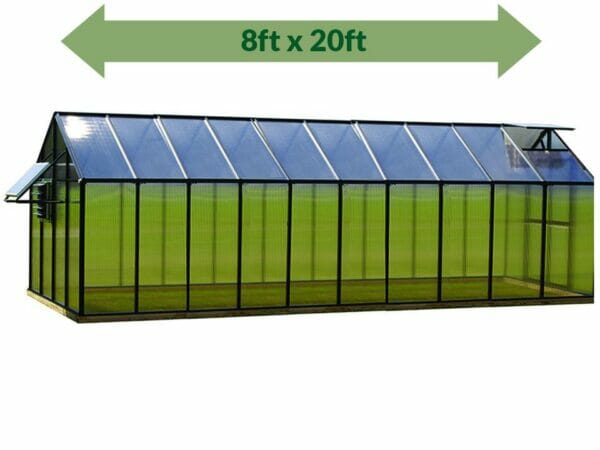 Riverstone Monticello Greenhouse 8x20 - Mojave Package - full view - green arrow on top showing dimensions - white background
