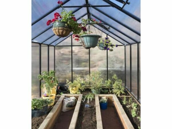 Riverstone Monticello Greenhouse 8x20 - Premium Package - interior view with plants and accessories