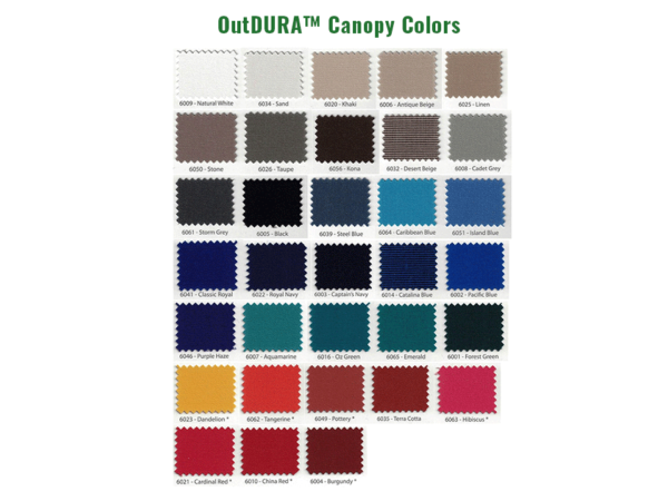 Color swatch of 33 different color canopies from OutDURA™ for the ACACIA Gazebo