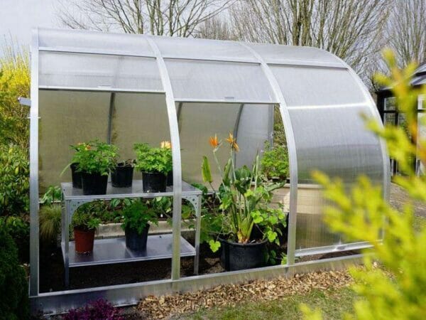 Side view of Arcus 3 Greenhouse with plants inside and two side panels lifted