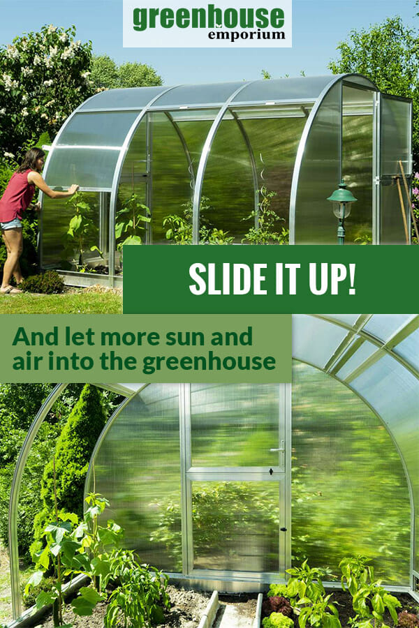 Arcus 3 Greenhouse exterior view with side panels open to show plants and below is the interior view showing plants and open panels on the left side with the text saying Slide it up! And let more sun and air into the greenhouse
