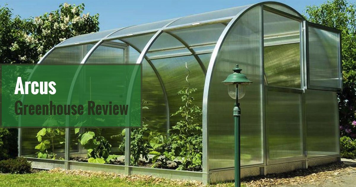 3-Tier Arcus Greenhouse with open side panels and open upper part of the door. Text says Arcus Greenhouse Review