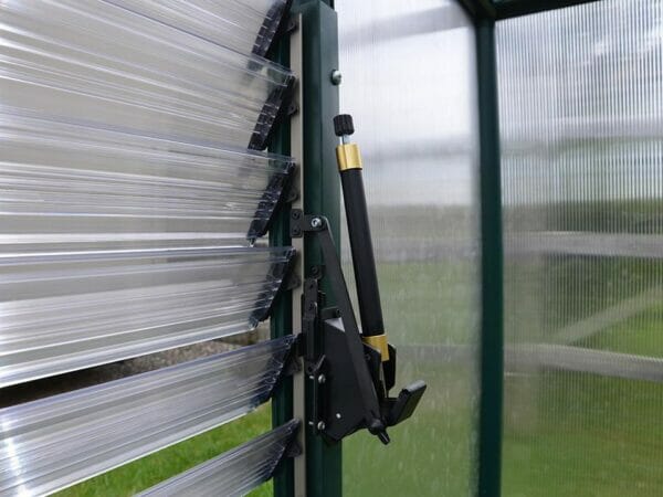 Installed Automatic Louver Window Opener for Palram and Rion Greenhouses - side view close up