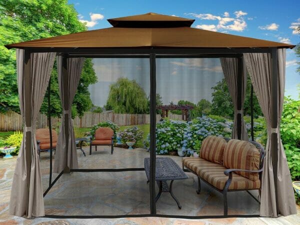 Barcelona Gazebo with Cocoa Top and Open Privacy Curtains and Closed Mosquito Netting