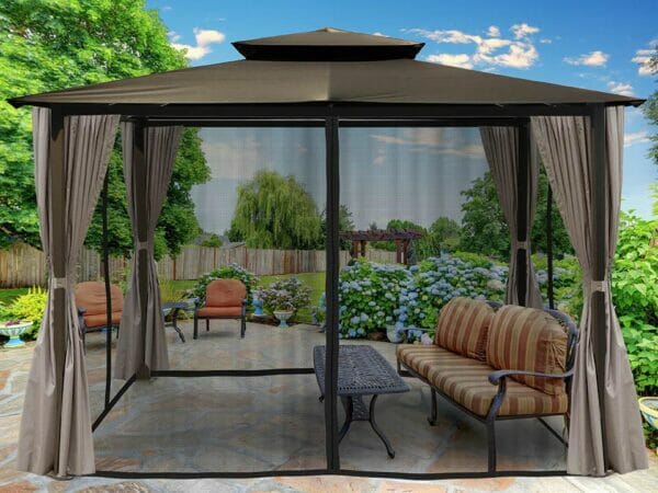 Barcelona Gazebo with Grey Color Top and Open Privacy Curtains and Closed Mosquito Netting