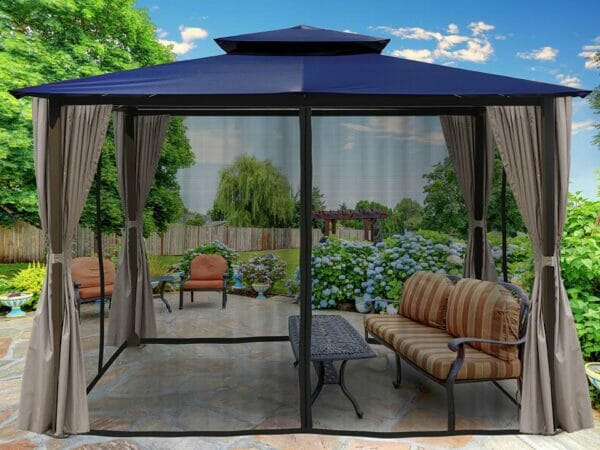 Barcelona Gazebo with Navy Top and Open Privacy Curtains and Closed Mosquito Netting