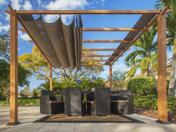 Florence Aluminum Pergola with the look of Canadian Cedar Wood Grain Finish  and Cocoa Color Convertible Canopy