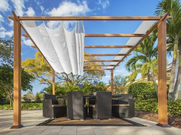 Florence Aluminum Pergola with the look of Canadian Cedar Wood Grain Finish  and White Color Convertible Canopy