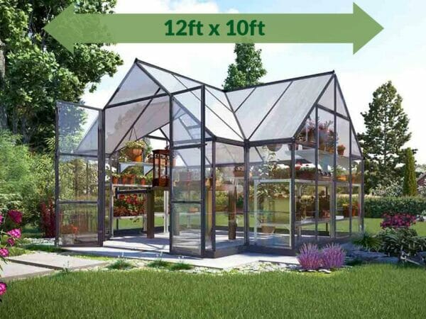 Palram Chalet 12ft x 10ft Hobby Greenhouse HG5400 - full view - with green arrow on top - in a garden