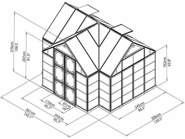 Palram Chalet 12ft x 10ft Hobby Greenhouse HG5400 - framework with dimensions - full view