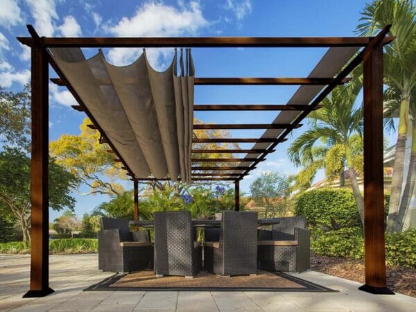 Florence Aluminum Pergola With the look of Chilean  Wood  with Cocoa Canopy