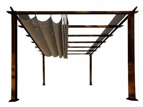 Florence Aluminum Pergola with the look of Chilean  Wood Grain Finish  and a Cocoa Color Convertible Canopy