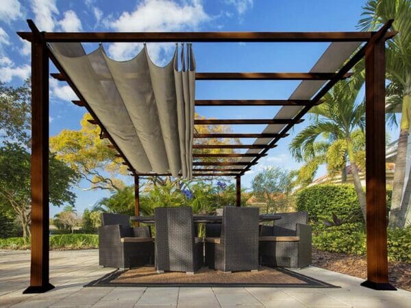 Florence Aluminum Pergola With the look of Chilean  Wood  with a Sand Color Canopy