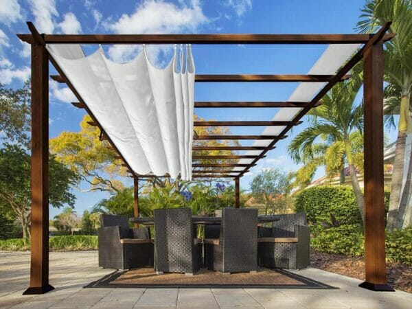 Florence Aluminum Pergola With the look of Chilean  Wood  with a White Color Canopy