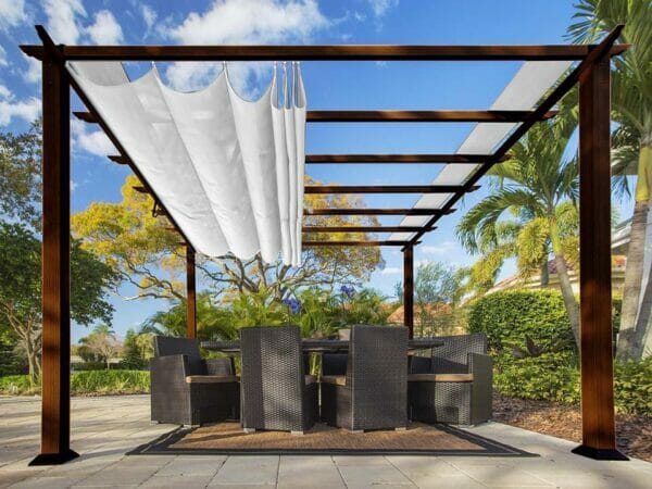 Florence Aluminum Pergola with the look of Chilean  Wood Grain Finish and a White Color Convertible Canopy