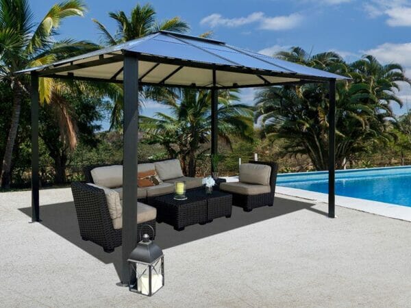 Durham 10x13 Hard Top Gazebo with a living area set beside the pool