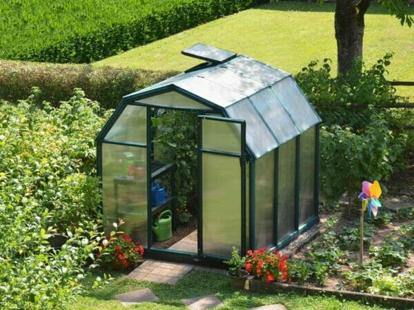 Rion 6ft x 12ft EcoGrow 2 Twin-Wall Greenhouse - HG7012 - full view - open door - in a garden