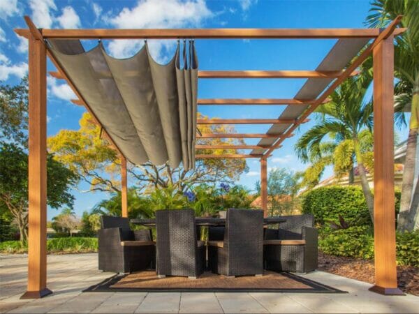 Florence Aluminum Pergola with the look of Canadian Cedar  Wood Grain Finish  and a Sand Color Convertible Canopy