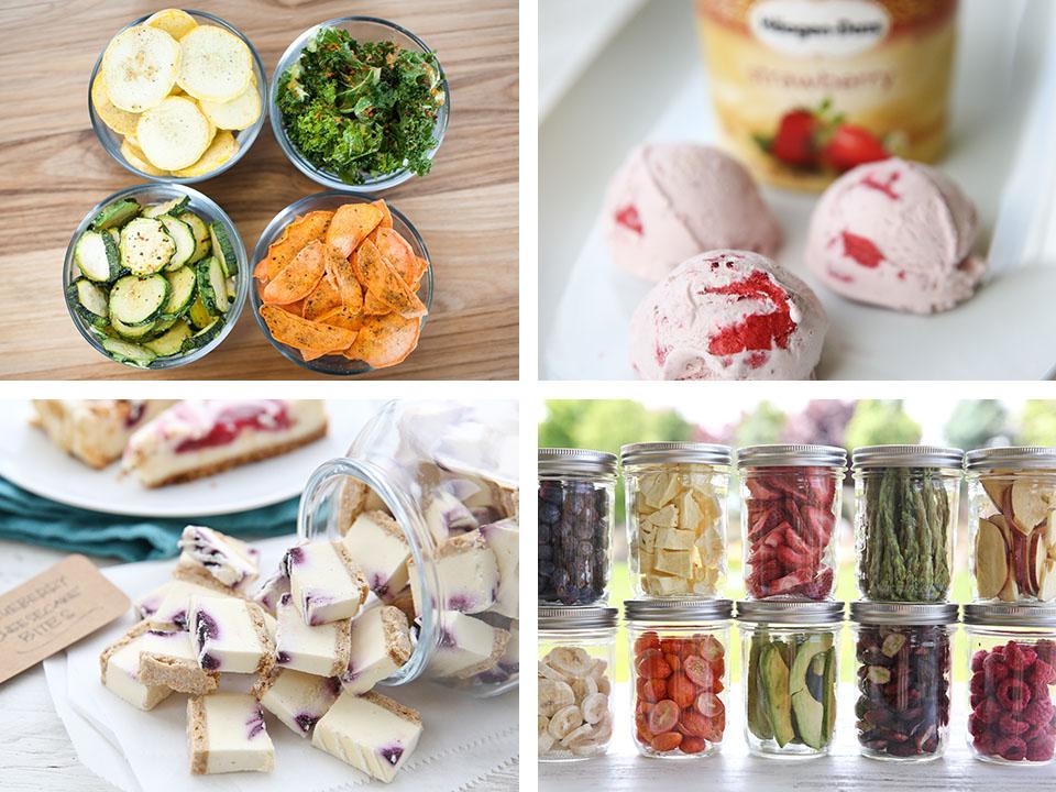 Different types of food (veggies, fruits, ice cream, cake) that has been freeze-dried