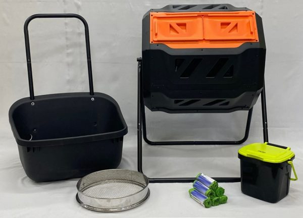 RSI Composting Combo with the Genesis Dual Tumbler, Composting Cart, Compost Sifter, MAZE Kitchen Caddie, and Corn Bags