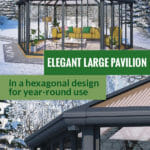 The upper image shows the Garda Garden Pavilion with a living room set up. Below is the close up image of the Garda hexagonal pattern with text in the middle saying Elegant Large Pavilion in a hexagonal design for year-round use