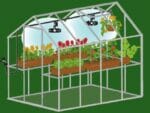 A diagram of Genesis Mister Kit showing the coverage of mists inside a greenhouse