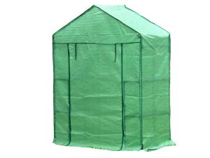 Small green Genesis Portable Walk In Greenhouse with closed roll-up door and white background
