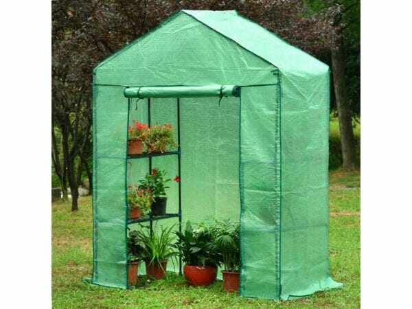 Small green Genesis Portable Walk In Greenhouse with open roll-up door in a garden