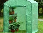 Large green Genesis Portable Walk In Greenhouse with open roll-up door in a garden
