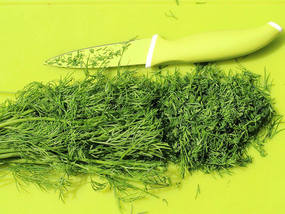 Chopped dill stalks with a knife above, dill grown in greenhouse