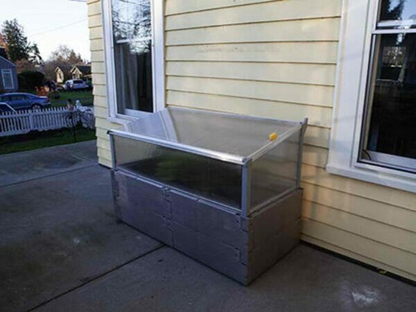Grey Timber Raised Bed with Year Round Cold Frame by the House