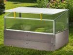 Grey Timber Raised Bed with Open Year Round Cold Frame and plants inside