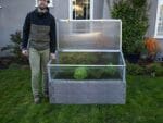 Grey Timber Raised Bed with Opened Year Round Cold Frame and Human for Scale