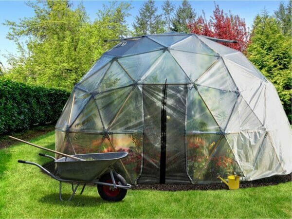 Harvest Right Geodesic Greenhouse from the front with closed door