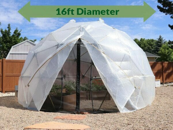 Harvest Right Geodesic Greenhouse Kit 16ft with door open and mash door closed