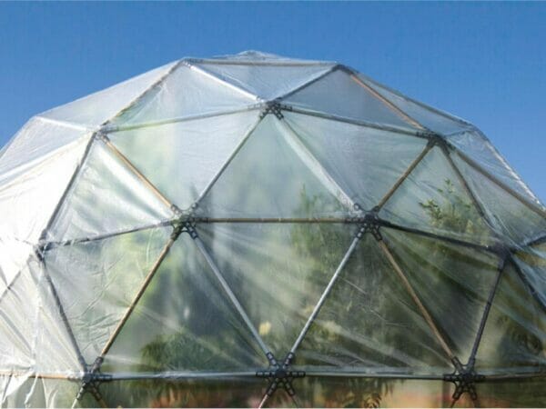 Detail view of the Harvest Right Geodesic Greenhouse structure and cover