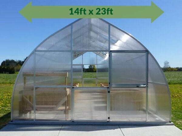 Hoklartherm Riga XL 7 Greenhouse 14x23 with green arrow on top showing dimensions 14ft x 23ft